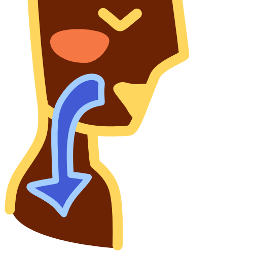 A chest up profile view of brown figure with a yellow outline shows a curved blue arrow pointing down its throat from its mouth. It has an eye the shape of a wide V, and a triangular shaped mouth. The image has light line art.